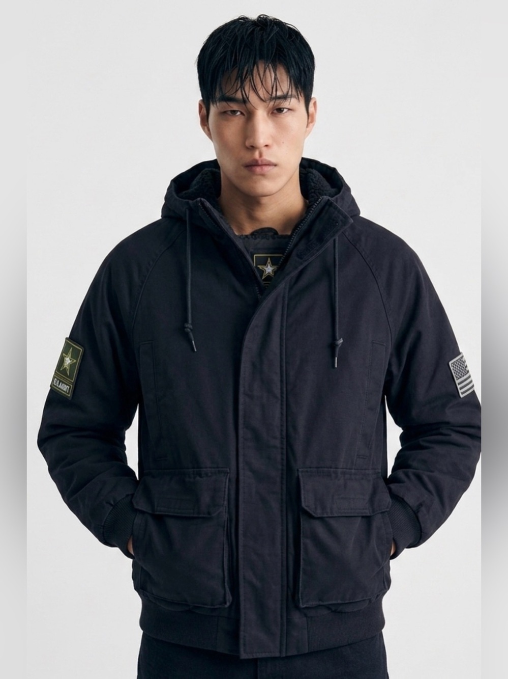 U.S. Army Branded Canvas Hooded Work Jacket with American Flag Patch